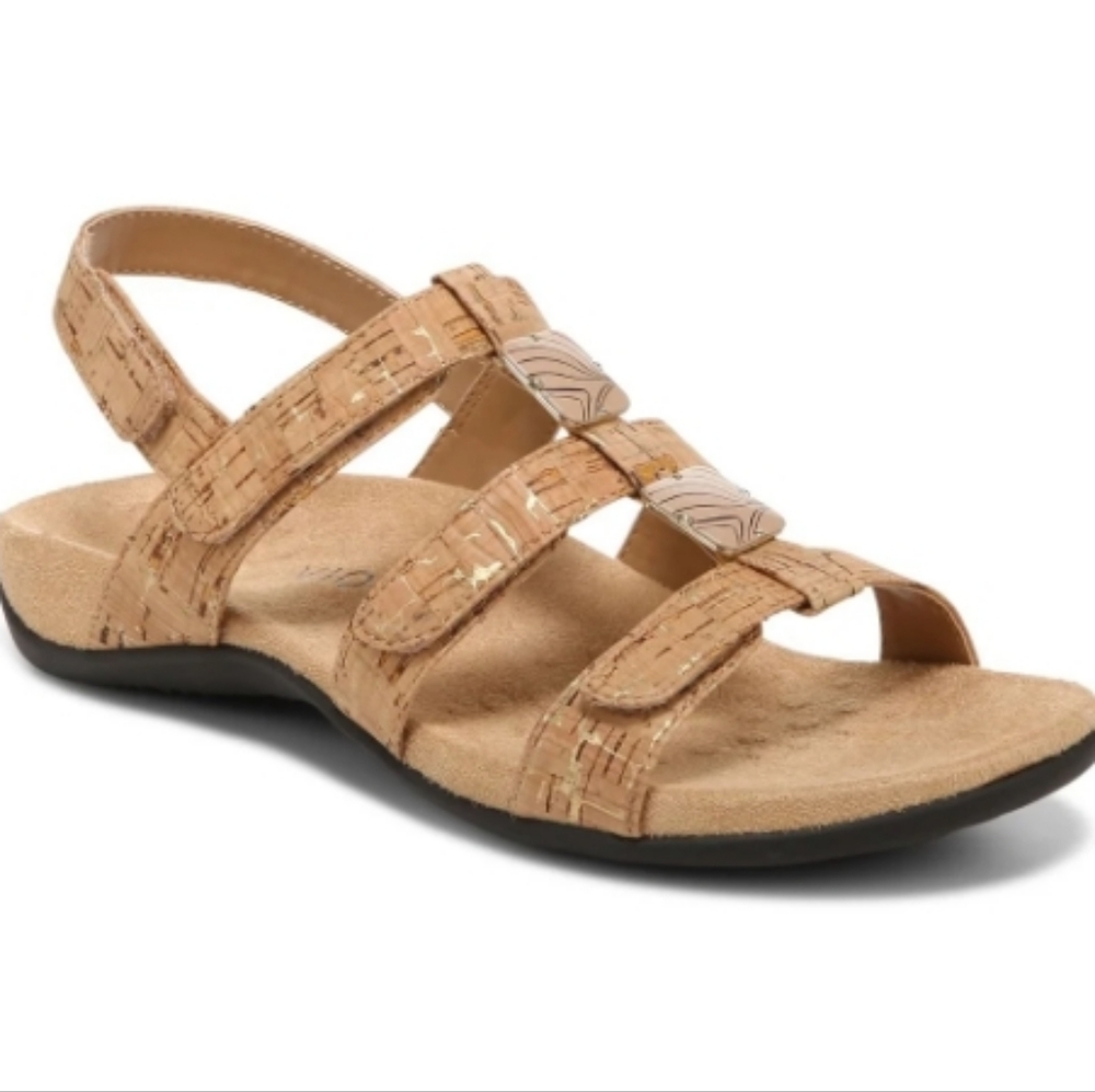 Vionic Amber Adjustable Traps Sandals Tan Cork With Gold Sz 9 SH391